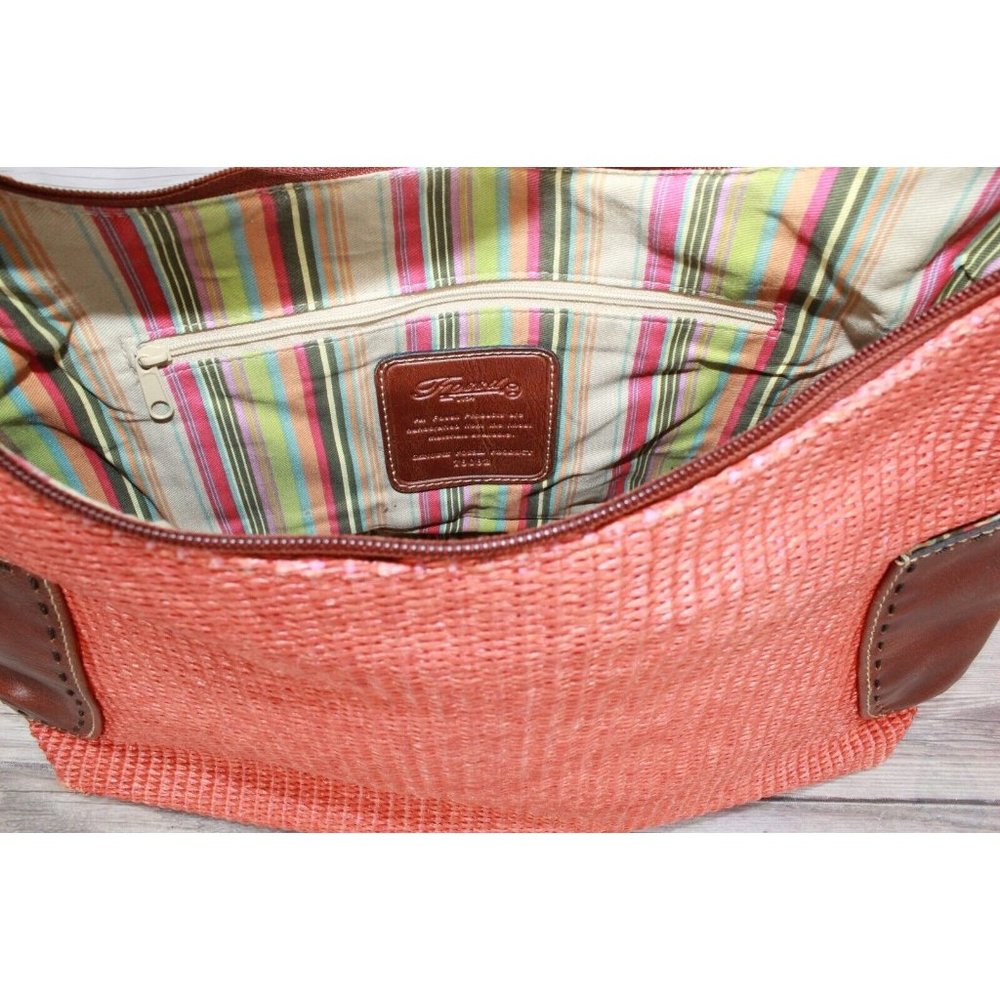 Fossil Brown Leather Strap Orange Woven Straw Lined Purse Shoulder Hobo Bag - Picture 7 of 9
